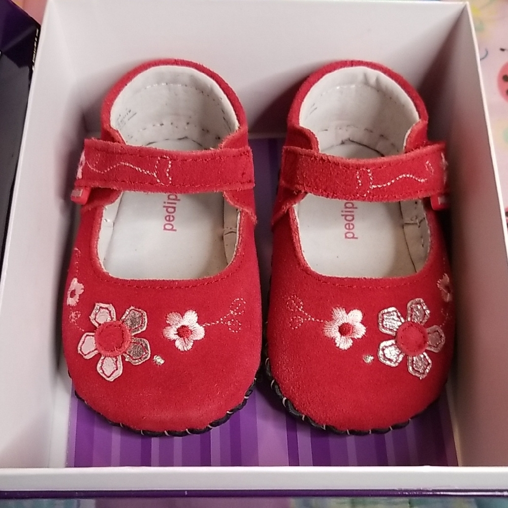 Pediped Red Floral Kids Shoes Camille Sueded Leather Mary Jane 6-12 Months NIB